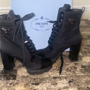 Black Prada Brushed leather and Re-Nylon booties